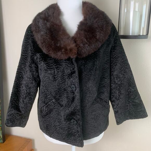 Vintage 1950s Black Persian Lamb  Jacket Brown Mink Fur Collar Short Coat Size M - Picture 1 of 8
